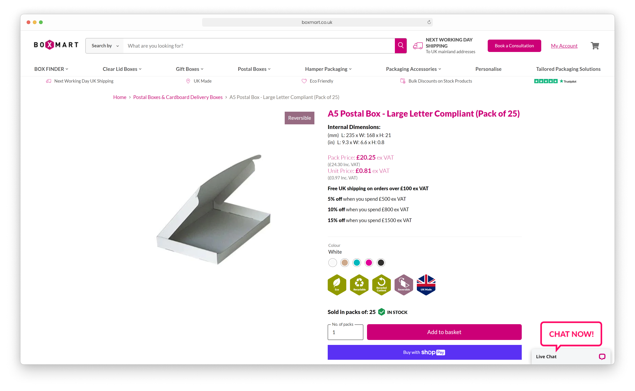 BoxMart's website showing a complex product with size and colour options, as built by Shopify developers from Birmingham, UK