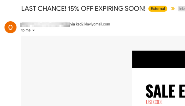 A marketing email showing a shared domain from Klaviyo as opposed to a dedicated sender domain