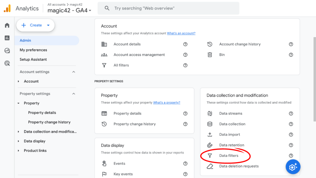Google Analytics 4 (GA4) showing step 1 of filtering traffic to your eCommerce website (data filters)