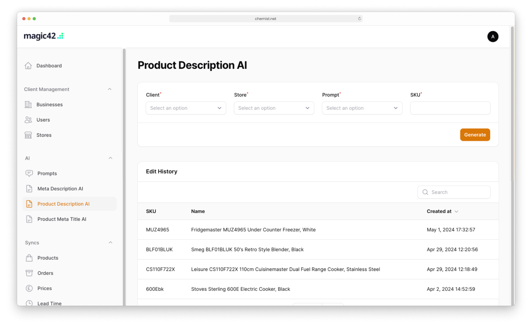 Shopify integrations to ERPs, WMS and AI product description feature using magic42's integrations app, shown here on its admin panel