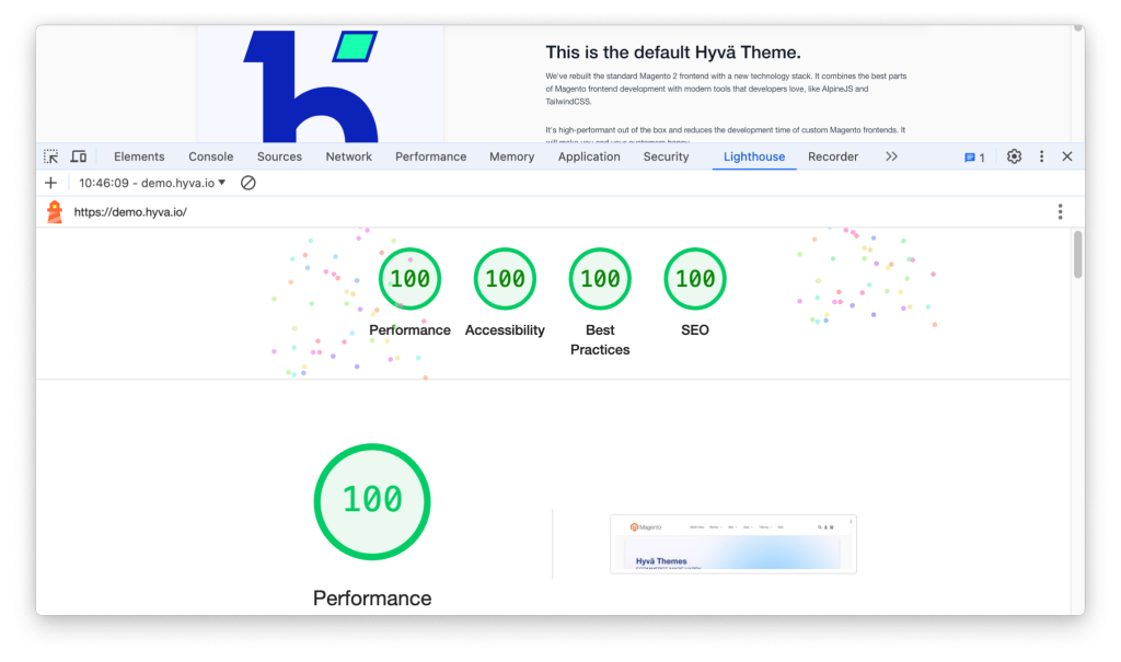 The default Hyvä Theme shown to have 100% performance, accessibility and SEO page speed scores.