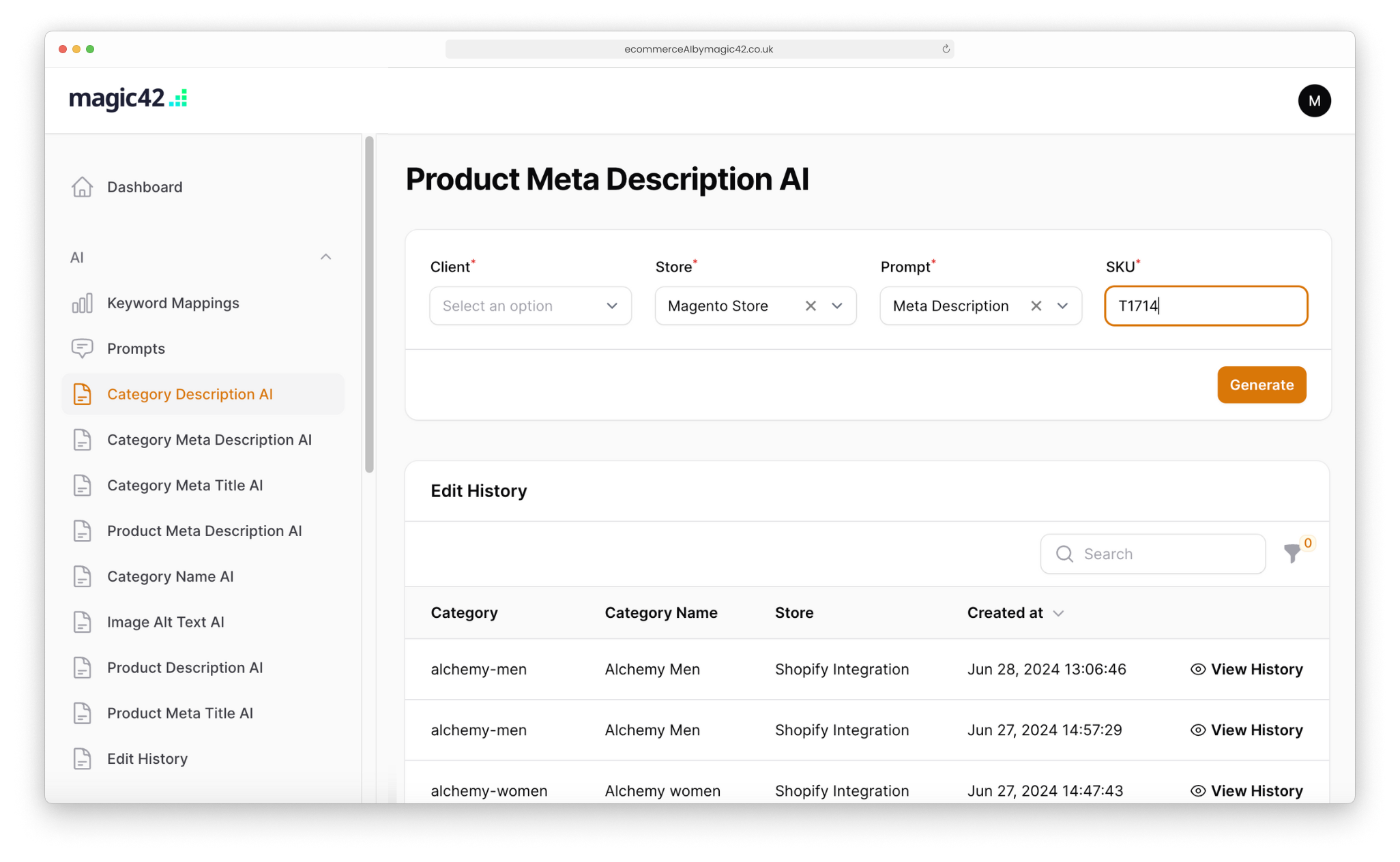 Product Meta Description Prompt Table as created by magic42's eCommerce AI tool