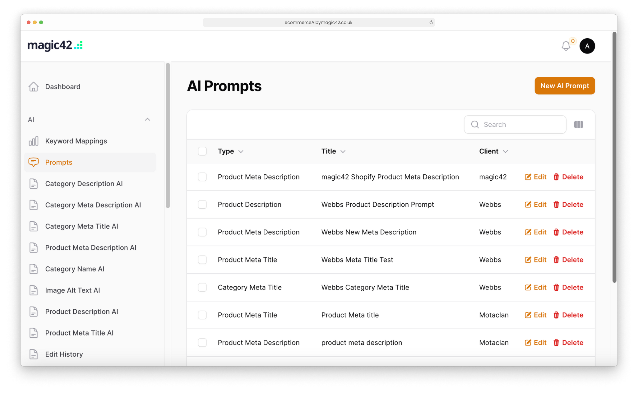 AI Prompt List as shown in magic42's eCommerce AI tool