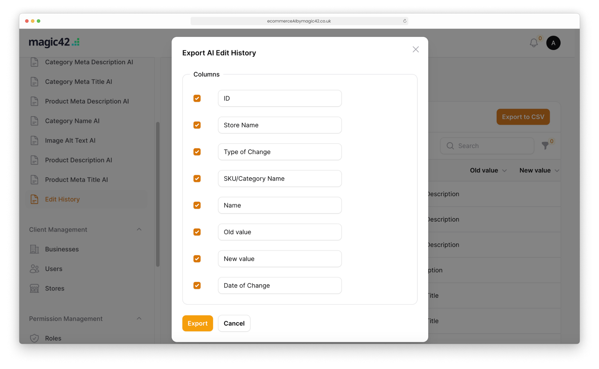 Export a History of Changes in the AI tool