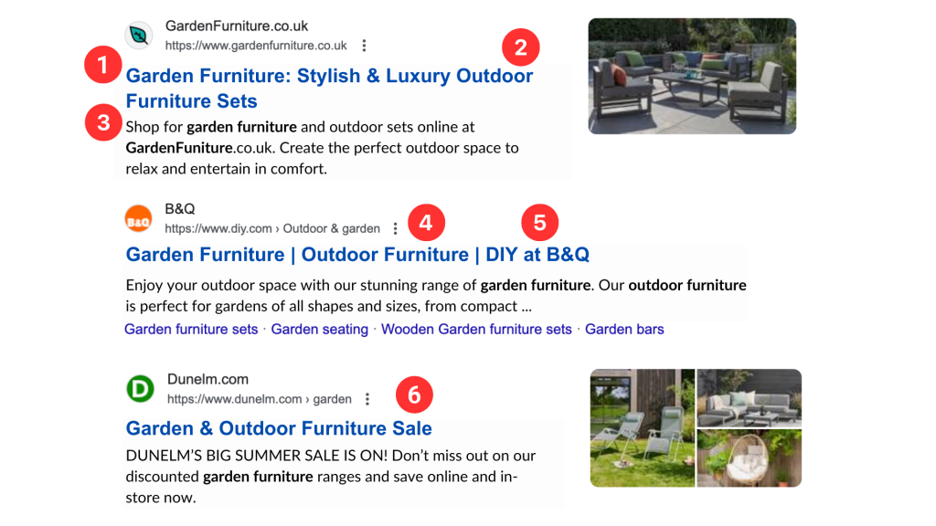 Meta title SEO examples for 'Garden Furniture'.