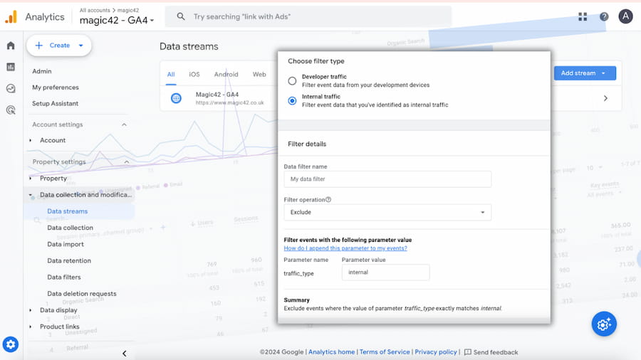 How to remove internal web traffic from Google Analytics (GA4) using blog advice from eCommerce development agency, magic42