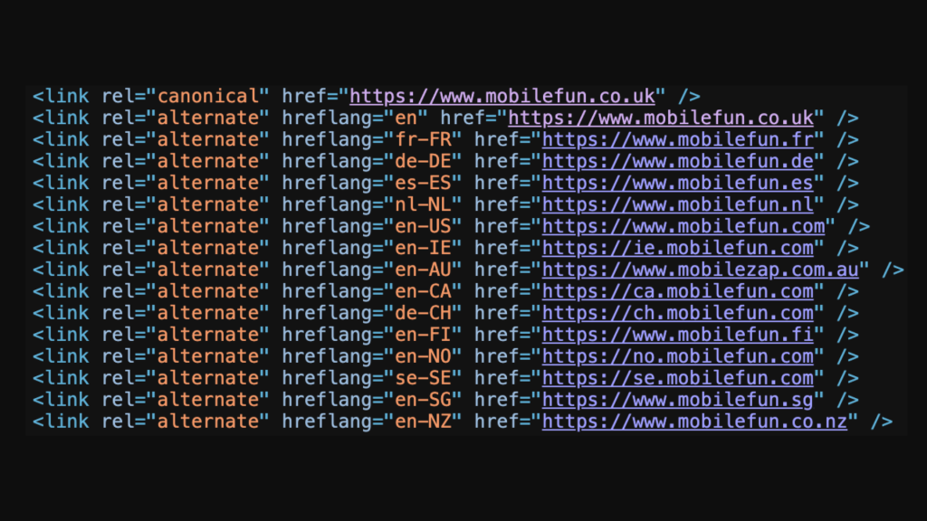 A variety of hreflang tags showing different regions and languages