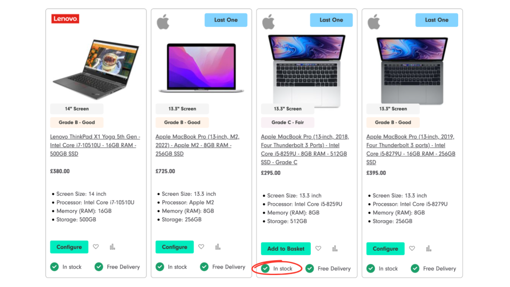 Stock messages and stock availability as shown by a product comparison section on a PLP product page