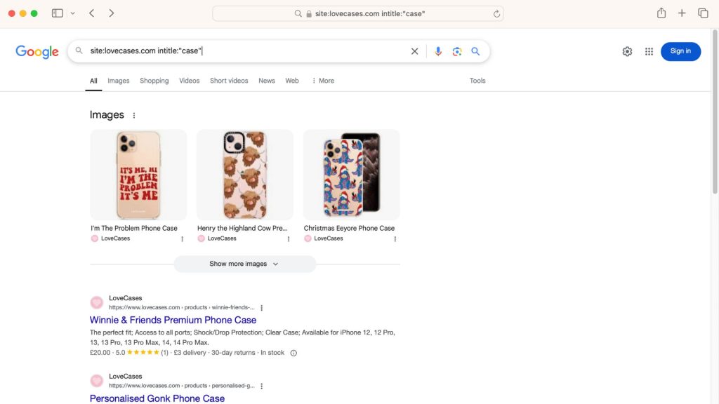 Google Search Operators for eCommerce, showing how to search areas within the site URL