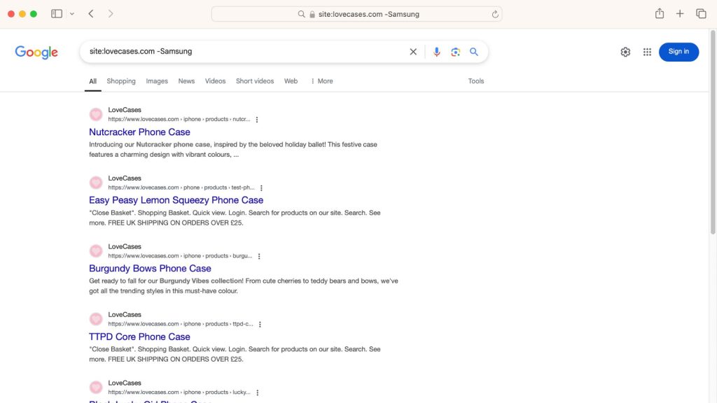 Google Site Operators in eCommerce example, showing how to exclude a keyphrase or query